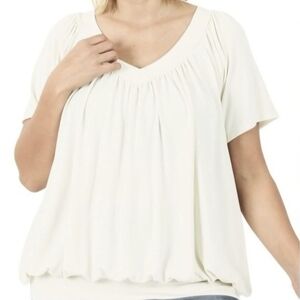 Zenana Short Sleeve Shirring Top Ivory Size 1X